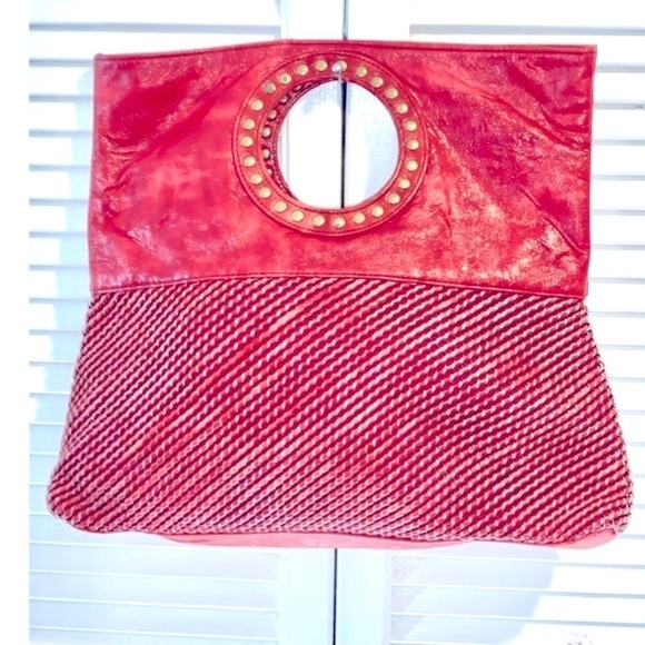 Faux Leather woven studded Large Clutch Purse in Wine Red - Picture 1 of 11